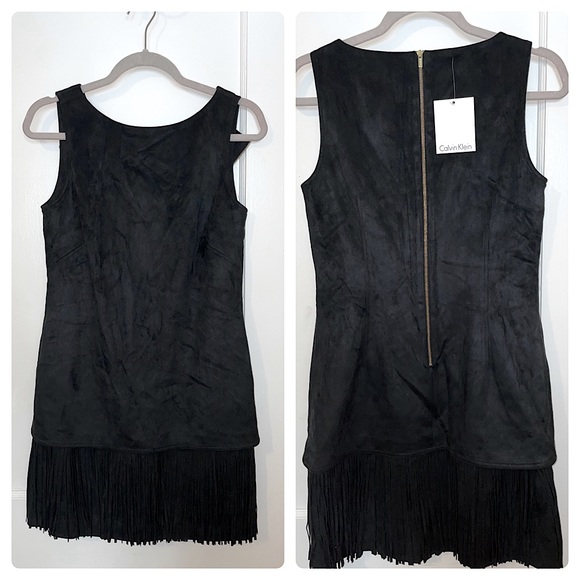NWT Calvin Klein Black Suede Fringe Dress - Picture 1 of 10